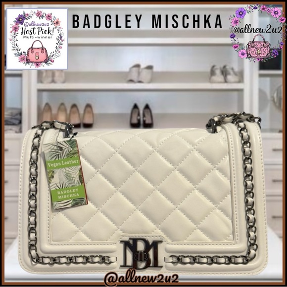 Badgley Mischka Quilted Pewter Hardware Crossbody Bag Shoulder Strap